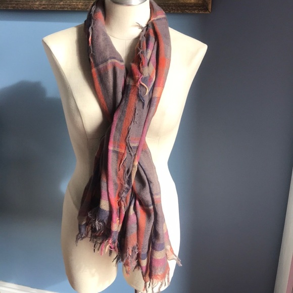 Taupe multi color plaid transparent shawl wrap scarf with small fringe OS - Picture 1 of 8